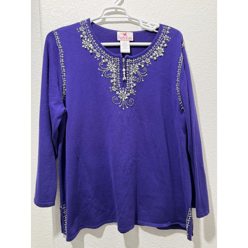 Quacker Factory Top Sweater Plus Sz 2X Rhinestone Embellished V Neck Purple
